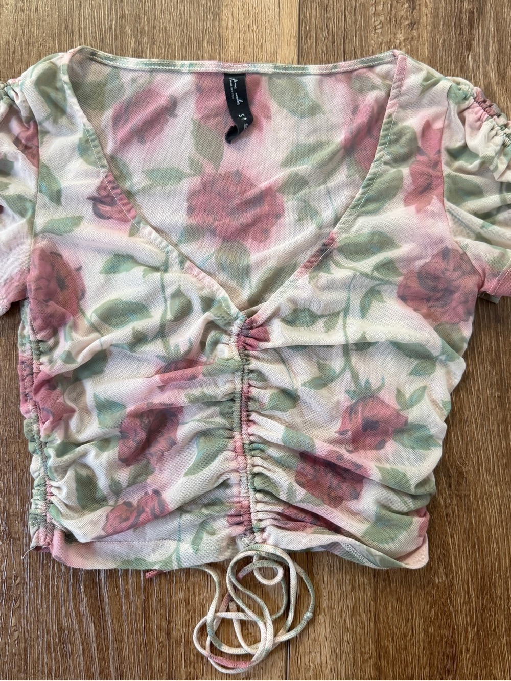 Urban Outfitters Pink & Green Floral Ruched V-Neck Crop Top